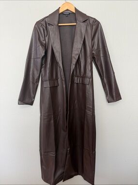 Faux Leather Longline Trench Coat - Dark‎ Brown Wearever